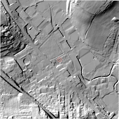 Shaded relief map of the ground around BD193TY, computed from Environment Agency LiDAR. The ground here sits at about 83 m above sea level and falls 48 m across the surrounding 800 m. Surface water reaching this point runs off ground lying to the south-west, 37.7 m higher.