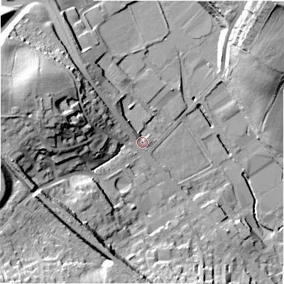 Shaded relief map of the ground around BD193UD, computed from Environment Agency LiDAR. The ground here sits at about 86 m above sea level and falls 40 m across the surrounding 800 m. Surface water reaching this point runs off ground lying to the west-north-west, 28.1 m higher.