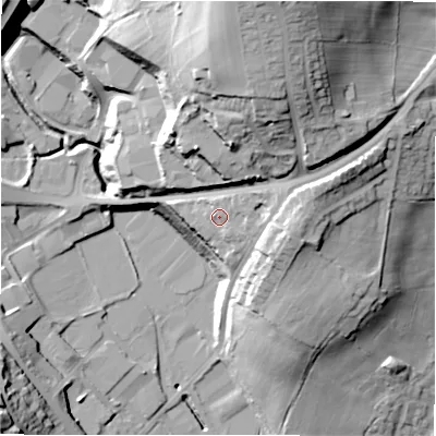 Shaded relief map of the ground around BD194DB, computed from Environment Agency LiDAR. The ground here sits at about 98 m above sea level and falls 47 m across the surrounding 800 m. Surface water reaching this point runs off ground lying to the east-north-east, 11.4 m higher.