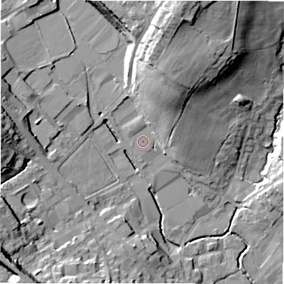 Shaded relief map of the ground around BD194DH, computed from Environment Agency LiDAR. The ground here sits at about 81 m above sea level and falls 32 m across the surrounding 800 m. The ground contributing surface water to this point lies to the south-east.