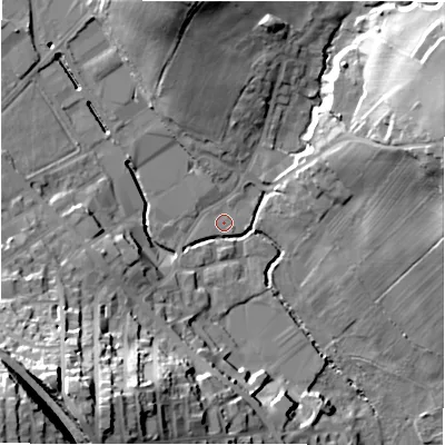 Shaded relief map of the ground around BD194DJ, computed from Environment Agency LiDAR. The ground here sits at about 77 m above sea level and falls 47 m across the surrounding 800 m. Surface water reaching this point runs off ground lying to the south-west, 35.6 m higher.