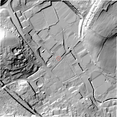 Shaded relief map of the ground around BD194EJ, computed from Environment Agency LiDAR. The ground here sits at about 83 m above sea level and falls 39 m across the surrounding 800 m. Surface water reaching this point runs off ground lying to the west, 32.0 m higher.