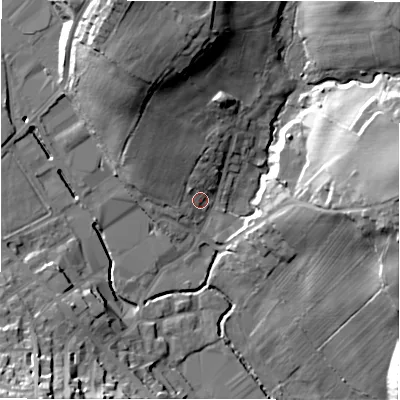 Shaded relief map of the ground around BD194EP, computed from Environment Agency LiDAR. The ground here sits at about 81 m above sea level and falls 30 m across the surrounding 800 m. Surface water reaching this point runs off ground lying to the north, 4.3 m higher.