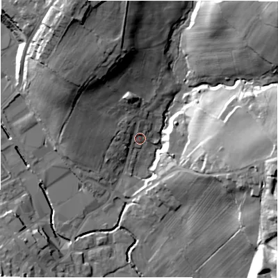Shaded relief map of the ground around BD194ES, computed from Environment Agency LiDAR. The ground here sits at about 82 m above sea level and falls 35 m across the surrounding 800 m. Surface water reaching this point runs off ground lying to the north-west, 5.2 m higher.