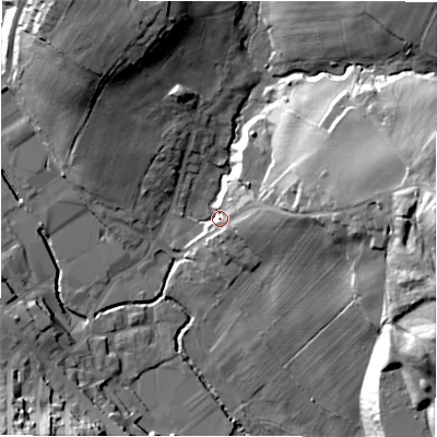Shaded relief map of the ground around BD194ET, computed from Environment Agency LiDAR. The ground here sits at about 82 m above sea level and falls 42 m across the surrounding 800 m. Surface water reaching this point runs off ground lying to the east, 37.3 m higher.