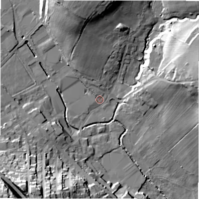 Shaded relief map of the ground around BD194EW, computed from Environment Agency LiDAR. The ground here sits at about 78 m above sea level and falls 46 m across the surrounding 800 m. Surface water reaching this point runs off ground lying to the north-north-west, 23.3 m higher.