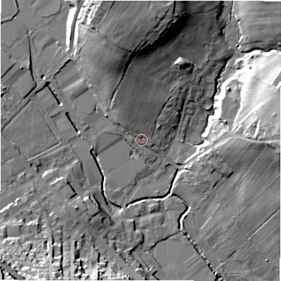 Shaded relief map of the ground around BD194EY, computed from Environment Agency LiDAR. The ground here sits at about 81 m above sea level and falls 38 m across the surrounding 800 m. Surface water reaching this point runs off ground lying to the north-north-west, 8.9 m higher.