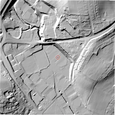 Shaded relief map of the ground around BD194LN, computed from Environment Agency LiDAR. The ground here sits at about 82 m above sea level and falls 44 m across the surrounding 800 m. The ground contributing surface water to this point lies to the north-north-east.