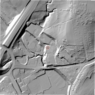 Shaded relief map of the ground around BD194TE, computed from Environment Agency LiDAR. The ground here sits at about 97 m above sea level and falls 49 m across the surrounding 800 m. Surface water reaching this point runs off ground lying to the north-east, 29.6 m higher.