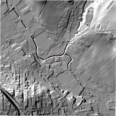 Shaded relief map of the ground around BD194TN, computed from Environment Agency LiDAR. The ground here sits at about 77 m above sea level and falls 47 m across the surrounding 800 m. Surface water reaching this point runs off ground lying to the south-west, 36.0 m higher.