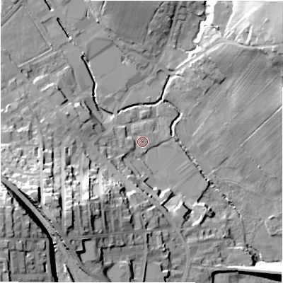 Shaded relief map of the ground around BD194TP, computed from Environment Agency LiDAR. The ground here sits at about 77 m above sea level and falls 48 m across the surrounding 800 m. Surface water reaching this point runs off ground lying to the west, 6.9 m higher.