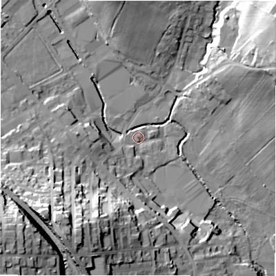 Shaded relief map of the ground around BD194TR, computed from Environment Agency LiDAR. The ground here sits at about 78 m above sea level and falls 49 m across the surrounding 800 m. Surface water reaching this point runs off ground lying to the west-south-west, 7.0 m higher.