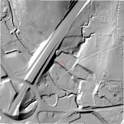 Shaded relief map of the ground around BD194TT, computed from Environment Agency LiDAR. The ground here sits at about 95 m above sea level and falls 58 m across the surrounding 800 m. The ground contributing surface water to this point lies to the west-north-west.