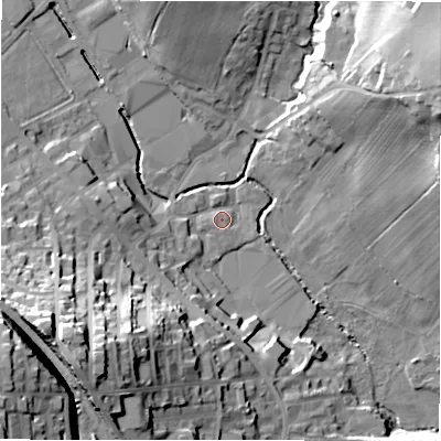 Shaded relief map of the ground around BD194TW, computed from Environment Agency LiDAR. The ground here sits at about 77 m above sea level and falls 47 m across the surrounding 800 m. Surface water reaching this point runs off ground lying to the west-south-west, 7.3 m higher.