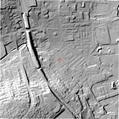 Shaded relief map of the ground around BD195AZ, computed from Environment Agency LiDAR. The ground here sits at about 79 m above sea level and falls 56 m across the surrounding 800 m. Surface water reaching this point runs off ground lying to the north-west, 31.6 m higher.