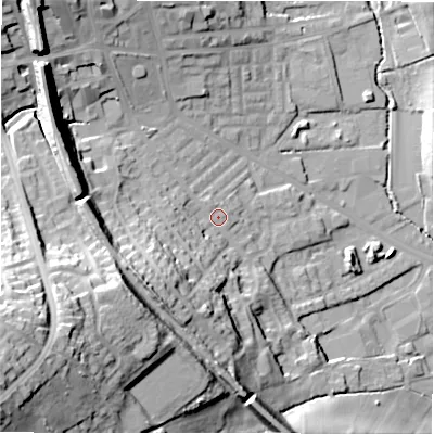 Shaded relief map of the ground around BD195BA, computed from Environment Agency LiDAR. The ground here sits at about 77 m above sea level and falls 51 m across the surrounding 800 m. Surface water reaching this point runs off ground lying to the south-west, 19.9 m higher.