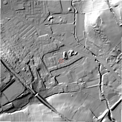 Shaded relief map of the ground around BD195BE, computed from Environment Agency LiDAR. The ground here sits at about 71 m above sea level and falls 42 m across the surrounding 800 m. Surface water reaching this point runs off ground lying to the west-south-west, 32.3 m higher.