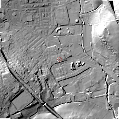 Shaded relief map of the ground around BD195BL, computed from Environment Agency LiDAR. The ground here sits at about 74 m above sea level and falls 41 m across the surrounding 800 m. Surface water reaching this point runs off ground lying to the west-south-west, 1.9 m higher.