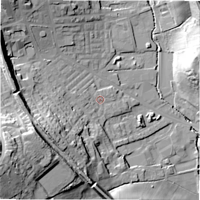 Shaded relief map of the ground around BD195BN, computed from Environment Agency LiDAR. The ground here sits at about 74 m above sea level and falls 47 m across the surrounding 800 m. Surface water reaching this point runs off ground lying to the west-south-west, 22.9 m higher.