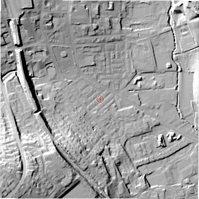Shaded relief map of the ground around BD195BP, computed from Environment Agency LiDAR. The ground here sits at about 76 m above sea level and falls 51 m across the surrounding 800 m. Surface water reaching this point runs off ground lying to the south-west, 40.6 m higher.
