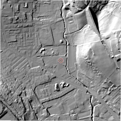 Shaded relief map of the ground around BD195BQ, computed from Environment Agency LiDAR. The ground here sits at about 71 m above sea level and falls 49 m across the surrounding 800 m. The ground contributing surface water to this point lies to the north-north-east.