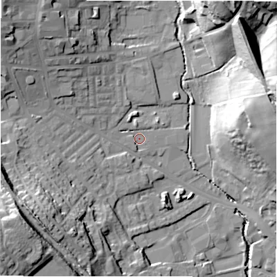 Shaded relief map of the ground around BD195BT, computed from Environment Agency LiDAR. The ground here sits at about 71 m above sea level and falls 40 m across the surrounding 800 m. Surface water reaching this point runs off ground lying to the west-north-west, 5.3 m higher.