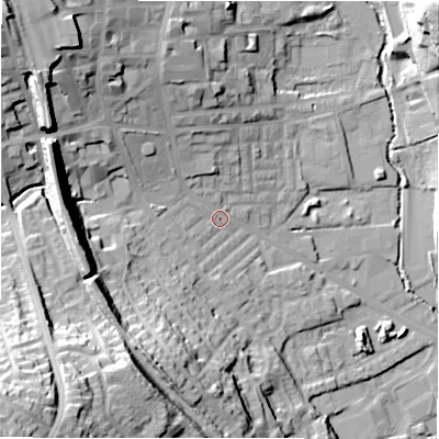 Shaded relief map of the ground around BD195BU, computed from Environment Agency LiDAR. The ground here sits at about 76 m above sea level and falls 51 m across the surrounding 800 m. Surface water reaching this point runs off ground lying to the north-west, 28.5 m higher.