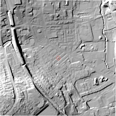 Shaded relief map of the ground around BD195BX, computed from Environment Agency LiDAR. The ground here sits at about 76 m above sea level and falls 52 m across the surrounding 800 m. Surface water reaching this point runs off ground lying to the south-west, 40.1 m higher.
