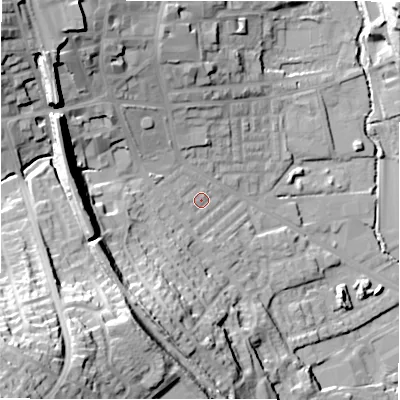 Shaded relief map of the ground around BD195BY, computed from Environment Agency LiDAR. The ground here sits at about 77 m above sea level and falls 52 m across the surrounding 800 m. Surface water reaching this point runs off ground lying to the west-north-west, 4.1 m higher.