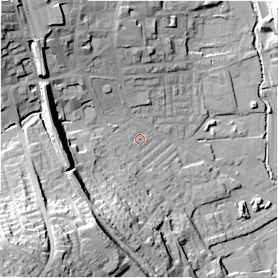 Shaded relief map of the ground around BD195BZ, computed from Environment Agency LiDAR. The ground here sits at about 77 m above sea level and falls 53 m across the surrounding 800 m. Surface water reaching this point runs off ground lying to the west-north-west, 3.4 m higher.