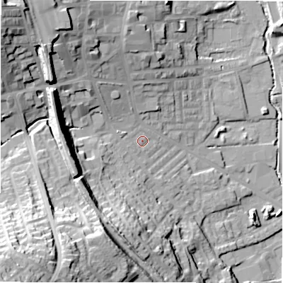 Shaded relief map of the ground around BD195DA, computed from Environment Agency LiDAR. The ground here sits at about 78 m above sea level and falls 53 m across the surrounding 800 m. Surface water reaching this point runs off ground lying to the west, 2.9 m higher.