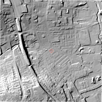 Shaded relief map of the ground around BD195DB, computed from Environment Agency LiDAR. The ground here sits at about 78 m above sea level and falls 52 m across the surrounding 800 m. Surface water reaching this point runs off ground lying to the north-west, 25.9 m higher.