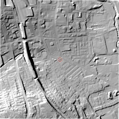 Shaded relief map of the ground around BD195DD, computed from Environment Agency LiDAR. The ground here sits at about 78 m above sea level and falls 51 m across the surrounding 800 m. Surface water reaching this point runs off ground lying to the north-west, 26.1 m higher.