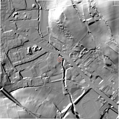 Shaded relief map of the ground around BD195DQ, computed from Environment Agency LiDAR. The ground here sits at about 69 m above sea level and falls 61 m across the surrounding 800 m. Surface water reaching this point runs off ground lying to the north-east, 58.5 m higher.