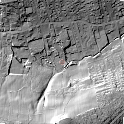 Shaded relief map of the ground around BD195DS, computed from Environment Agency LiDAR. The ground here sits at about 94 m above sea level and falls 64 m across the surrounding 800 m. Surface water reaching this point runs off ground lying to the north-north-west, 12.9 m higher.