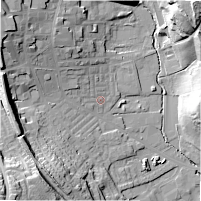 Shaded relief map of the ground around BD195DW, computed from Environment Agency LiDAR. The ground here sits at about 74 m above sea level and falls 46 m across the surrounding 800 m. Surface water reaching this point runs off ground lying to the north-west, 22.8 m higher.