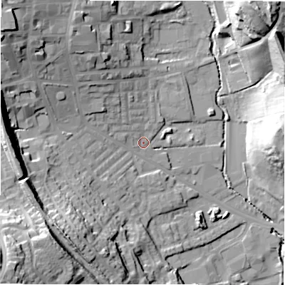 Shaded relief map of the ground around BD195DY, computed from Environment Agency LiDAR. The ground here sits at about 73 m above sea level and falls 46 m across the surrounding 800 m. Surface water reaching this point runs off ground lying to the north-west, 22.7 m higher.