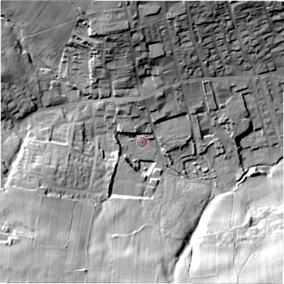 Shaded relief map of the ground around BD195EH, computed from Environment Agency LiDAR. The ground here sits at about 99 m above sea level and falls 50 m across the surrounding 800 m. Surface water reaching this point runs off ground lying to the south-west, 42.3 m higher.