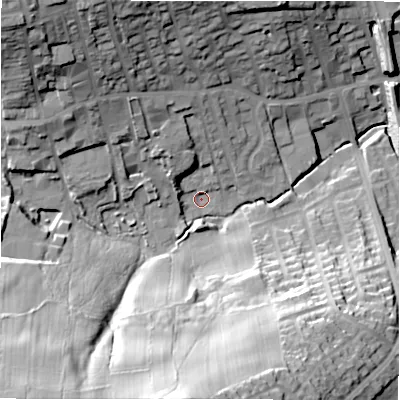 Shaded relief map of the ground around BD195HP, computed from Environment Agency LiDAR. The ground here sits at about 91 m above sea level and falls 58 m across the surrounding 800 m. Surface water reaching this point runs off ground lying to the south, 50.1 m higher.
