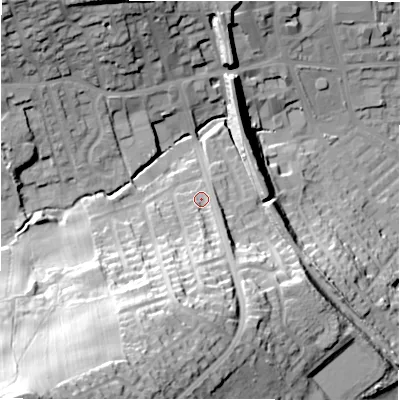 Shaded relief map of the ground around BD195JS, computed from Environment Agency LiDAR. The ground here sits at about 91 m above sea level and falls 69 m across the surrounding 800 m. Surface water reaching this point runs off ground lying to the south-south-west, 42.5 m higher.