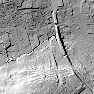 Shaded relief map of the ground around BD195JX, computed from Environment Agency LiDAR. The ground here sits at about 89 m above sea level and falls 51 m across the surrounding 800 m. Surface water reaching this point runs off ground lying to the south-south-west, 44.4 m higher.