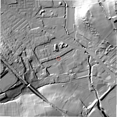 Shaded relief map of the ground around BD195LJ, computed from Environment Agency LiDAR. The ground here sits at about 69 m above sea level and falls 49 m across the surrounding 800 m. Surface water reaching this point runs off ground lying to the west-south-west, 18.9 m higher.