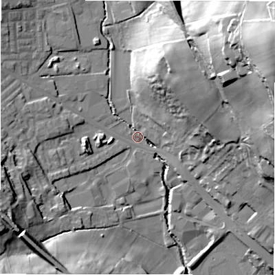 Shaded relief map of the ground around BD195LP, computed from Environment Agency LiDAR. The ground here sits at about 69 m above sea level and falls 60 m across the surrounding 800 m. Surface water reaching this point runs off ground lying to the north-east, 57.1 m higher.