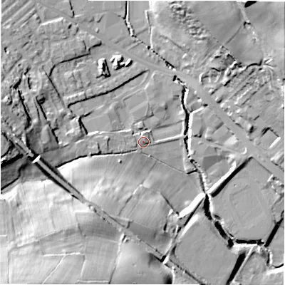 Shaded relief map of the ground around BD195LX, computed from Environment Agency LiDAR. The ground here sits at about 70 m above sea level and falls 52 m across the surrounding 800 m. Surface water reaching this point runs off ground lying to the west, 21.1 m higher.