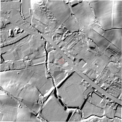Shaded relief map of the ground around BD195LY, computed from Environment Agency LiDAR. The ground here sits at about 69 m above sea level and falls 68 m across the surrounding 800 m. Surface water reaching this point runs off ground lying to the north, 2.3 m higher.