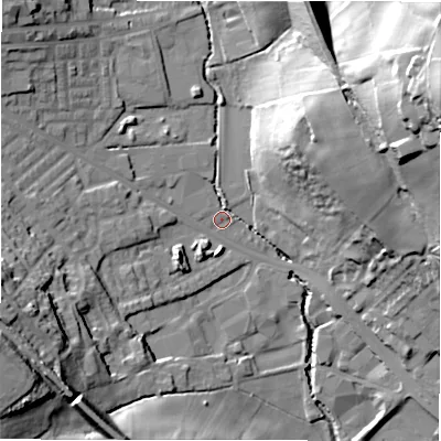 Shaded relief map of the ground around BD195NA, computed from Environment Agency LiDAR. The ground here sits at about 69 m above sea level and falls 54 m across the surrounding 800 m. Surface water reaching this point runs off ground lying to the east-north-east, 50.7 m higher.