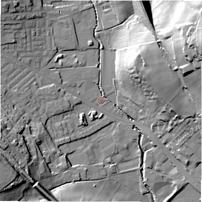 Shaded relief map of the ground around BD195NB, computed from Environment Agency LiDAR. The ground here sits at about 69 m above sea level and falls 54 m across the surrounding 800 m. Surface water reaching this point runs off ground lying to the east-north-east, 50.4 m higher.