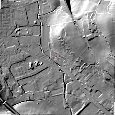 Shaded relief map of the ground around BD195NE, computed from Environment Agency LiDAR. The ground here sits at about 71 m above sea level and falls 60 m across the surrounding 800 m. Surface water reaching this point runs off ground lying to the north-east, 25.8 m higher.
