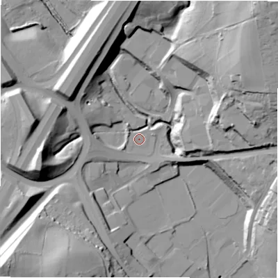 Shaded relief map of the ground around BD196HG, computed from Environment Agency LiDAR. The ground here sits at about 86 m above sea level and falls 50 m across the surrounding 800 m. Surface water reaching this point runs off ground lying to the west, 9.8 m higher.