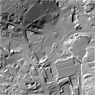 Shaded relief map of the ground around BD19SG, computed from Environment Agency LiDAR. The ground here sits at about 99 m above sea level and falls 38 m across the surrounding 800 m. Surface water reaching this point runs off ground lying to the south-west, 32.4 m higher.